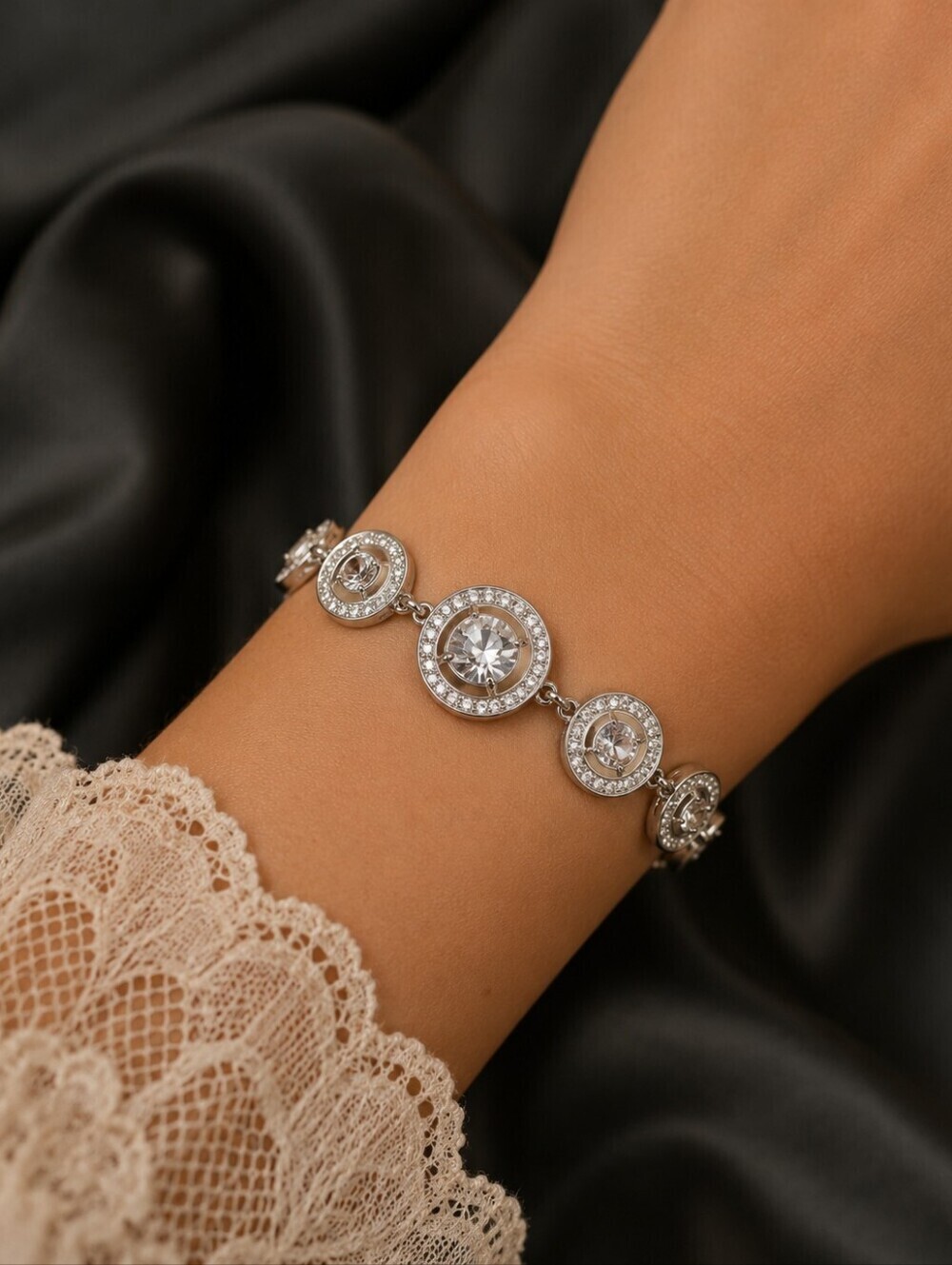 3/$30 Silver Plated Rhinestone Halo Circles Bridal Formal Holiday Bracelet